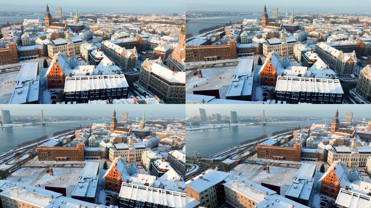 拉脱维亚里加冬季美丽的日落。