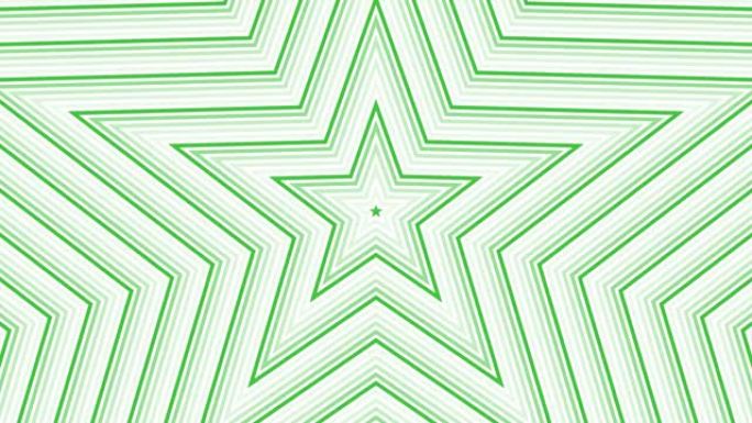 白色背景上的绿色五角星简单扁平几何循环。星空电波无尽的创意动画。星星无缝运动图形背景。阿斯特拉雷达声