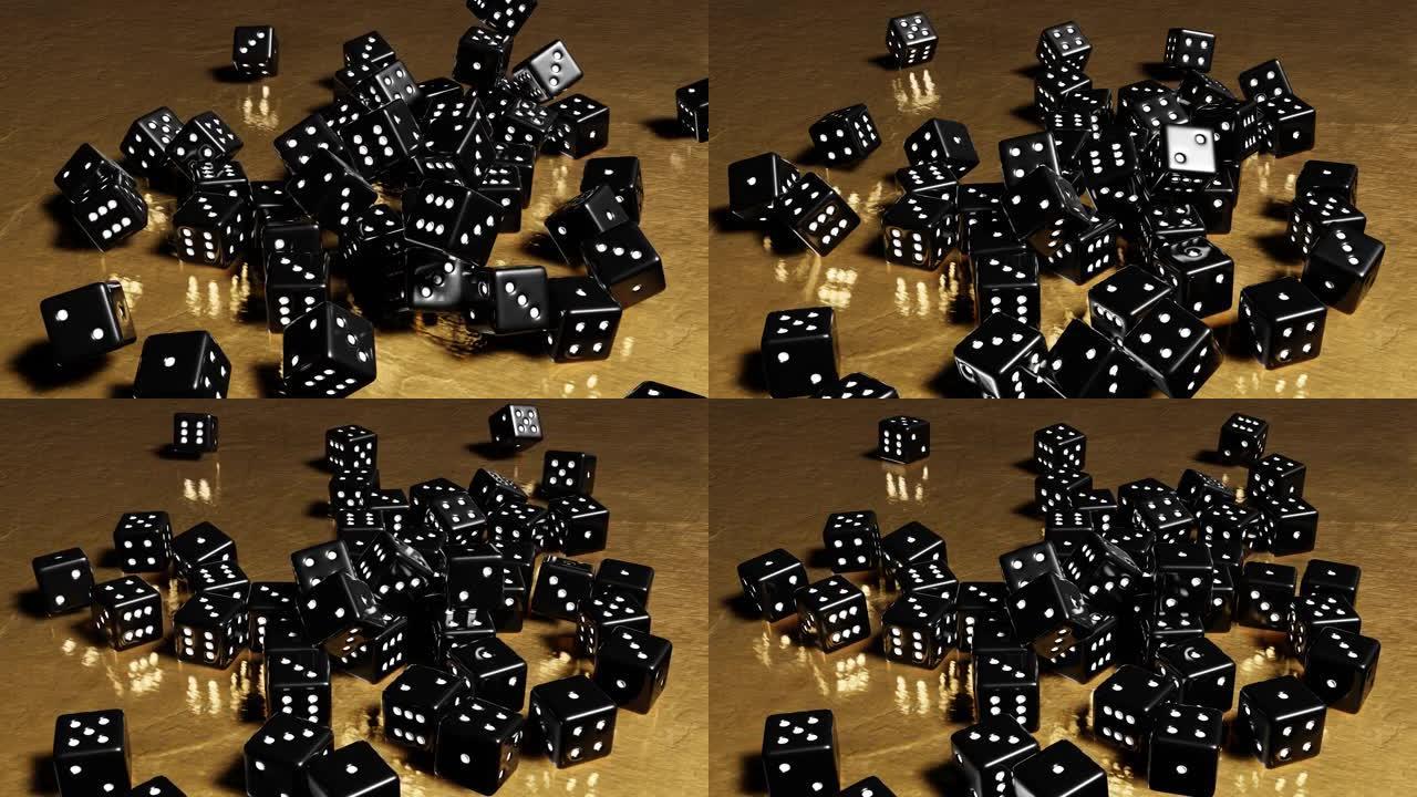 一堆豪华的黑色骰子在闪亮的金色桌子背景下掉落并旋转，4k