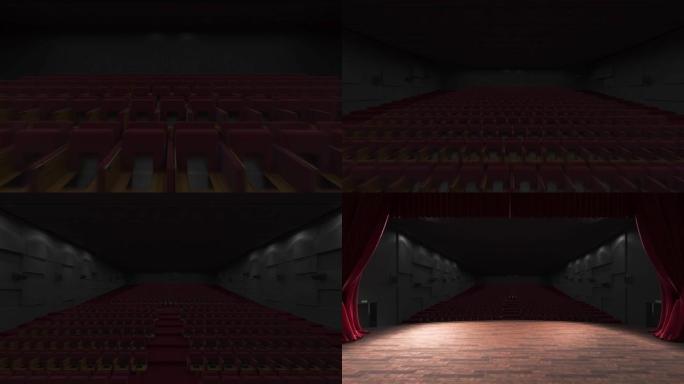 带有红色天鹅绒窗帘的空经典剧院的电影多莉镜头-卡姆雷向后移动