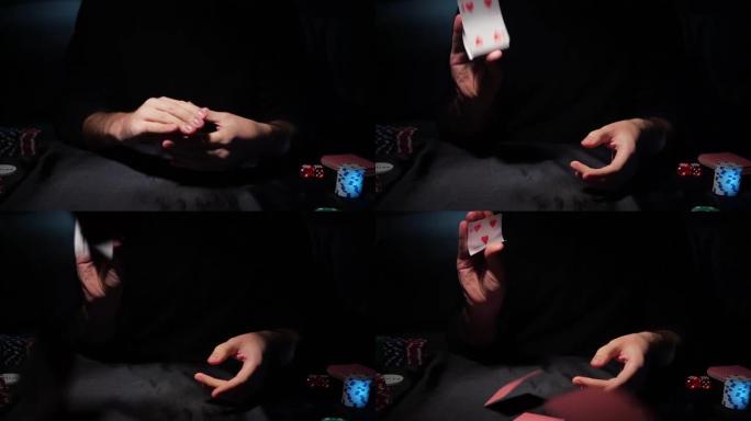 大胡子男子在赌场打扑克。这个人赢了，有效地把牌扔到桌子上。缓慢的运动。