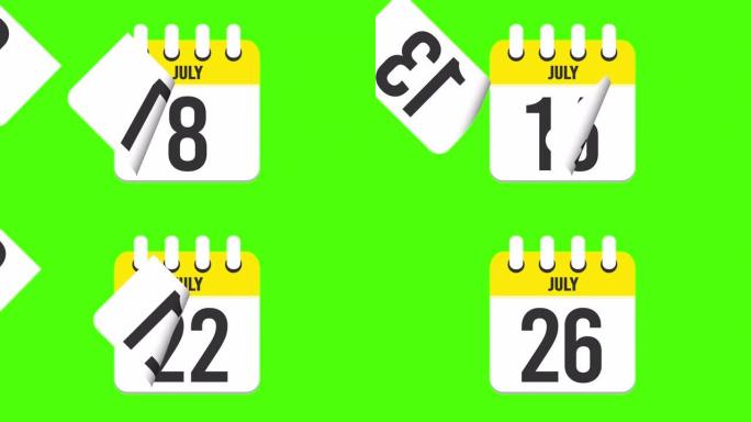 7月26日。日历出现，页面下降到7月26日。绿色背景，色度键 (4k循环)