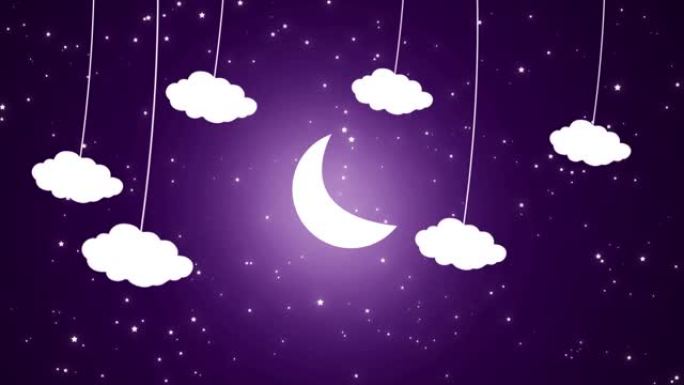 动画卡通明星和云背景。卡通纸背景的动画。发光的月亮和闪烁的星星随着动画云在天空中移动。卡通发光明星和