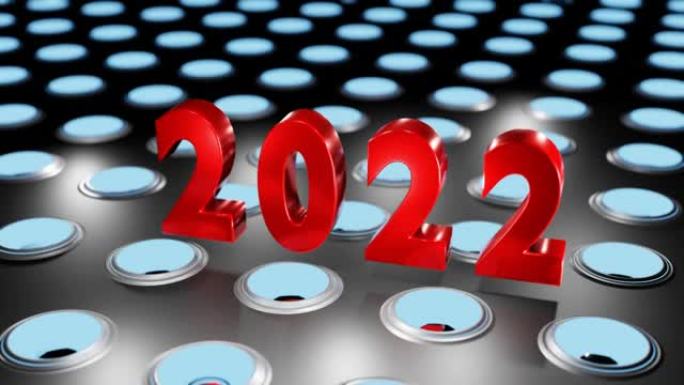 抽象红色数字2022在发光扬声器墙壁背景3D渲染