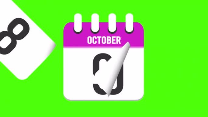 10月14日。日历出现，页面下降到10月14日。绿色背景，色度键 (4k循环)