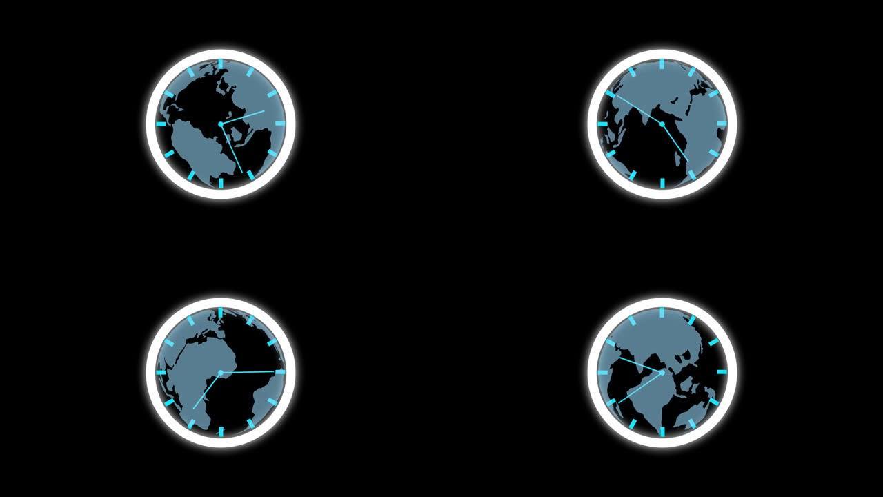 地球时钟。黑色背景上的时钟抽象青色彩色数字时钟动画。12小时内的时钟动画。