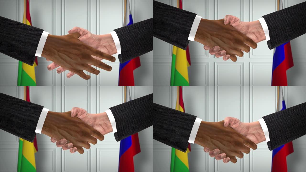 马里与俄罗斯握手，政治说明。正式会议或合作，商务见面。商人和政客握手