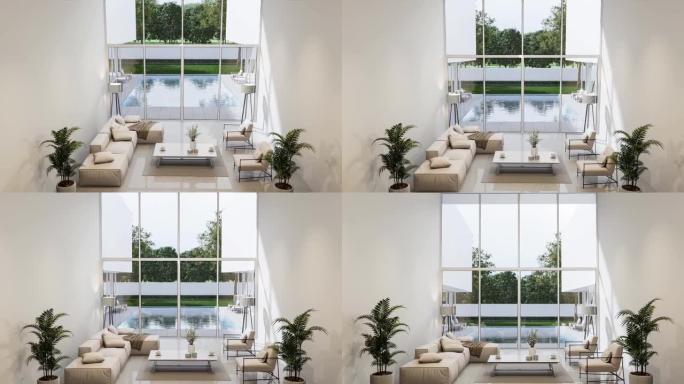 顶部到普通视图动画最小风格现代白色客厅，带游泳池露台3d渲染