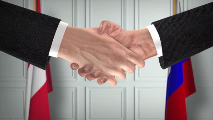 奥地利与俄罗斯的协议握手，政治例证。正式会议或合作，商务见面。商人和政客握手