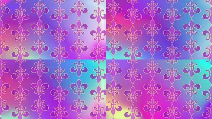 狂欢节星期二发胖。美丽的霓虹灯屏幕上带有紫色芙蓉百合符号的动画背景。威尼斯狂欢节狂欢节问候。4k视频