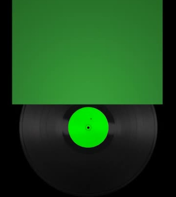 一张黑胶唱片从专辑封面上旋转了一半。绿色屏幕可以键入并放置您自己的艺术品。透明背景。垂直分辨率