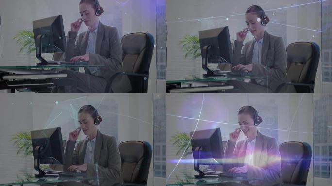 使用计算机在高加索女商人上建立联系网络的动画