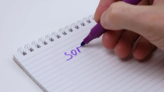 man hand在笔记本上用紫色记号笔写对不起。特写。