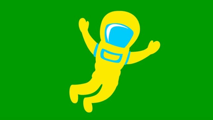 动画可爱的黄色宇航员在零重力。太空人在失重状态下飞行。矢量平面插图孤立在绿色背景上。