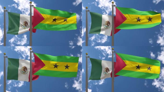 墨西哥国旗与圣多美和普林西比国旗在一杆，3D渲染，两面旗帜