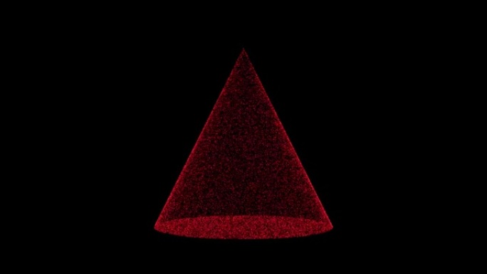 3D红锥在黑色背景上旋转。由闪烁粒子组成的物体60 FPS。科学教程概念。标志、标题、演示文稿的抽象