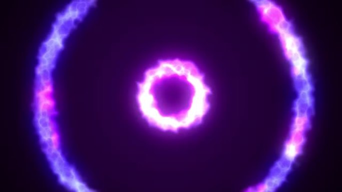 循环动画。能源圈背景。具有能量圈燃烧和无缝循环的抽象背景动画。通过紫色和蓝色圆圈移动的抽象背景。