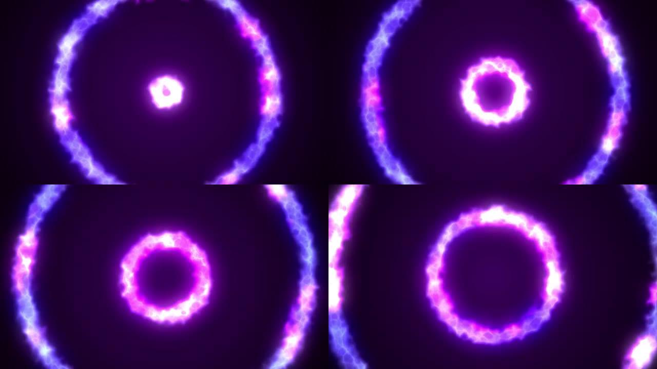 循环动画。能源圈背景。具有能量圈燃烧和无缝循环的抽象背景动画。通过紫色和蓝色圆圈移动的抽象背景。