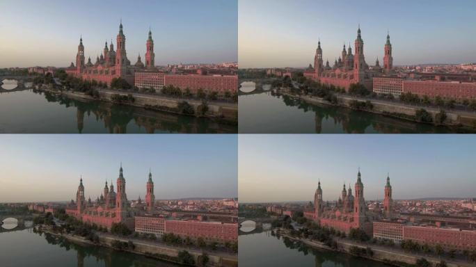 城市背景上运河附近的一座古老大教堂的4k渲染