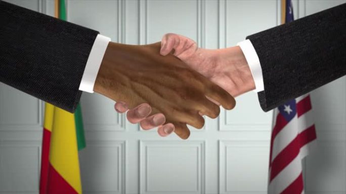 几内亚与美国合作商业协议。国家政府旗帜。官方外交握手说明动画。协议商人握手