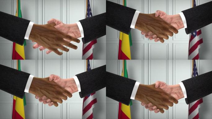 几内亚与美国合作商业协议。国家政府旗帜。官方外交握手说明动画。协议商人握手