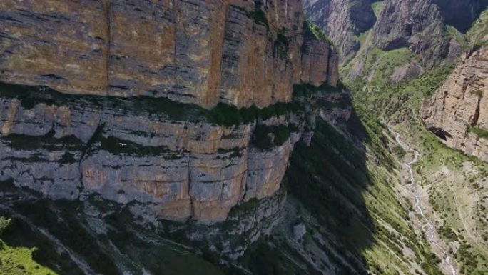 在峡谷中沿着落基山飞行的两只猛禽的鸟瞰图