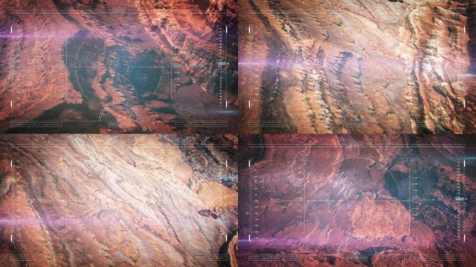 带有相机遮阳板效果的红色星球火星岩石表面的无人机飞行视图