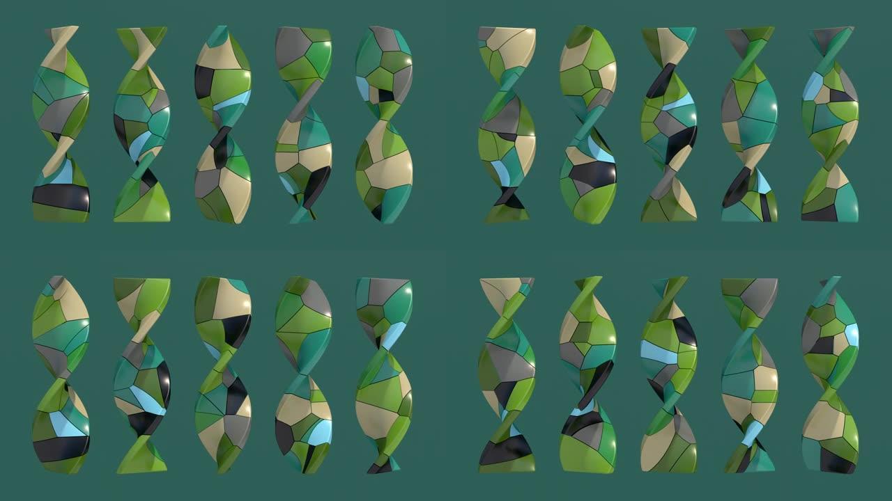 五个扭曲块组成的组，纹理表面。抽象动画，3d渲染。