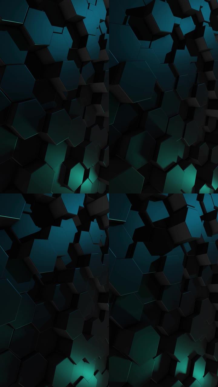 抽象几何背景-无缝3d动画中带有强照明的表面4k六边形变形-抽象运动设计背景-抽象形状 (可循环)-
