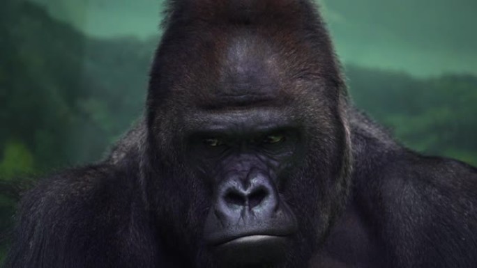 大猩猩雄性的特写肖像，严重的银背，看着他的某个地方的家人。伟大的猿，最危险和巨大的猴子的威胁性表情。