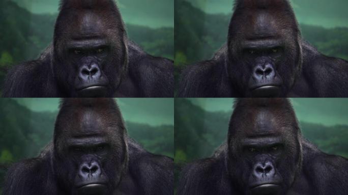 大猩猩雄性的特写肖像，严重的银背，看着他的某个地方的家人。伟大的猿，最危险和巨大的猴子的威胁性表情。