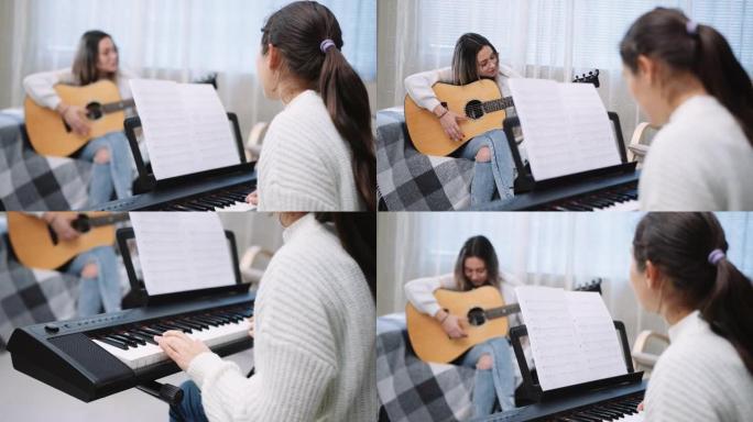 女朋友一起演奏音乐，在舒适的家庭氛围中放松。