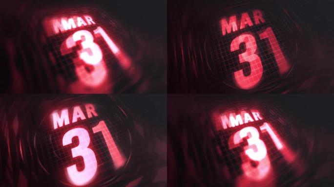 3月31日在3d运动图形中。未来的红外日历和科技发光霓虹灯拍摄，发光二极管纪念等。4k in循环
