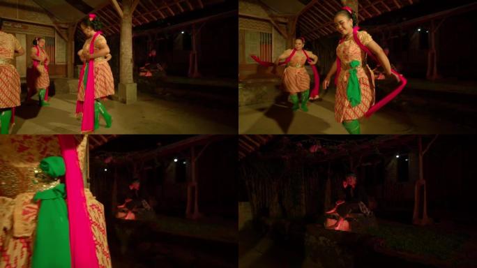 巴厘岛人一起跳舞，而仪式在村庄内穿着黄色连衣裙和绿色围巾开始。