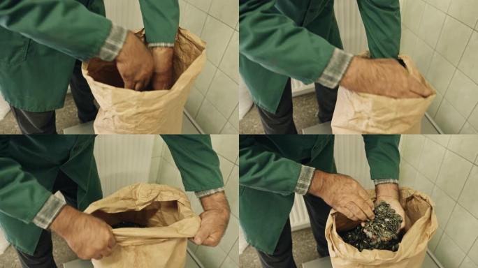 一位老人打开一袋南瓜种子，用手检查种子