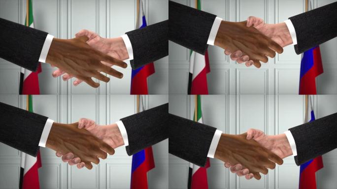 科威特与俄罗斯的协议握手，政治说明。正式会议或合作，商务见面。商人和政客握手