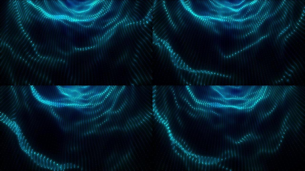 粒子波。具有动态波的抽象背景。大数据。Fotage模板。动态粒子声波在黑暗中流动。模糊灯光电影抽象背