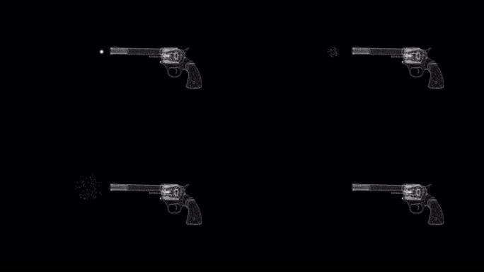 由许多粒子组成的3D手枪左轮手枪射击一颗子弹。在任何背景上拍摄的带有Alpha通道的动画。科学概念。