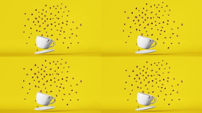 浮瓷咖啡杯飞豆爆炸3D动画循环黄色。热销饮料销售设计4k店铺折扣演示悬浮新鲜酿造浓缩咖啡饮料品牌广告