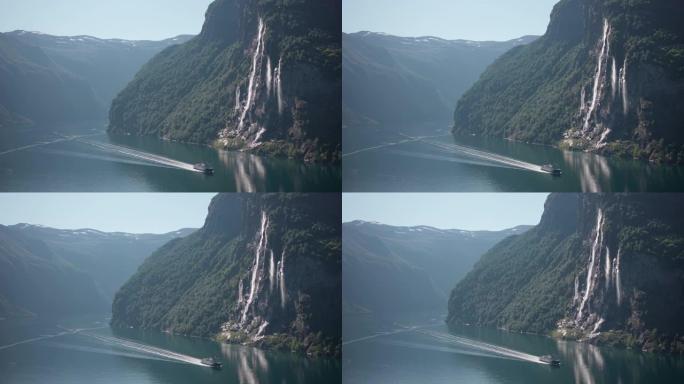 七姐妹瀑布附近游轮的高角度视图
