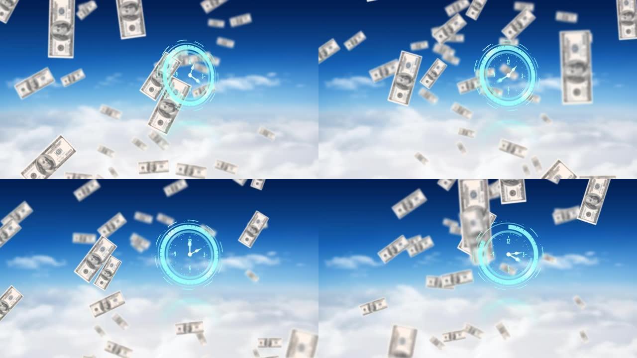 移动时钟和美元钞票的动画随着云彩从天上掉下来