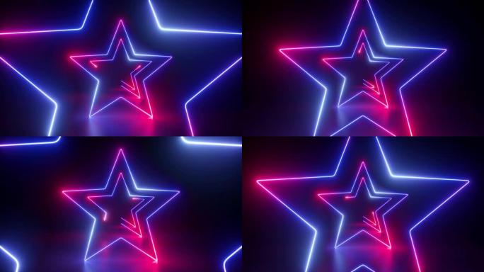 循环3d动画，带有红色蓝色几何霓虹灯星的抽象背景。光线绘制。黑暗中出现发光的线条