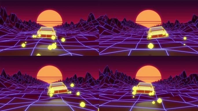 循环复古汽波风格侧扫射飞行车，粒子轨迹在网格景观和日落背景3D动画股票视频