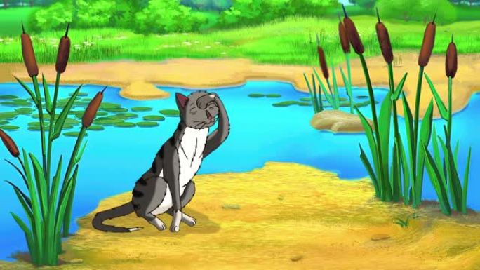 池塘附近的灰色虎斑猫高清动画