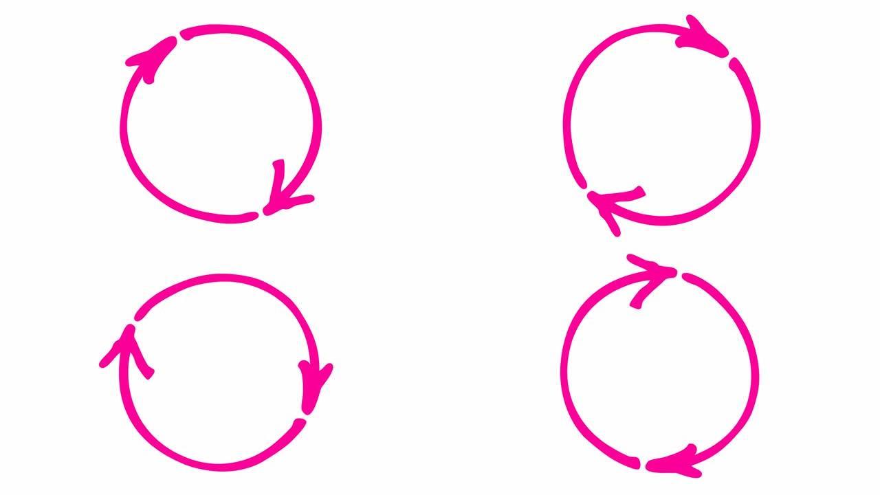 圆形粉色箭头的动画图标。重装旋转的洋红色符号。循环视频。手绘矢量插图孤立在白色背景上。