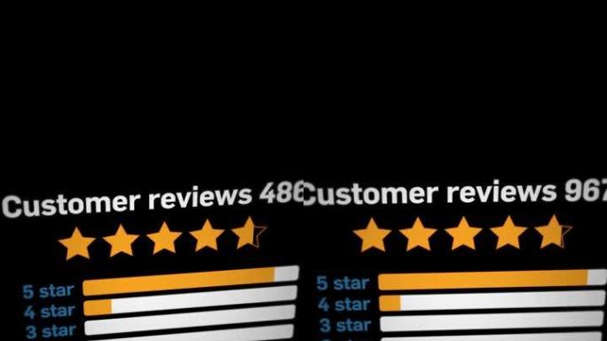 网页上关于客户服务，产品评论或质量评级的积极反馈。从1到5星，数字计数器和得分。垂直视频