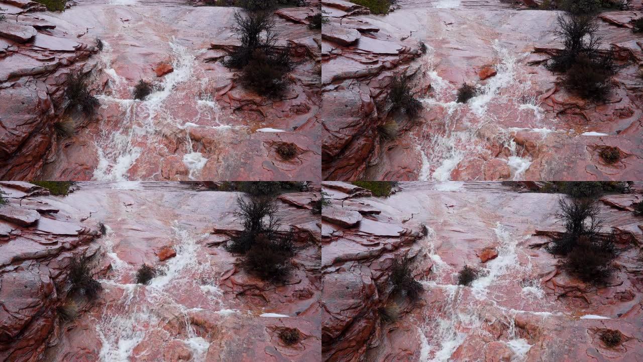 锡安国家公园的雨水在砂岩上形成了小河