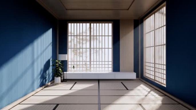 蓝色房间设计室内，门纸和橱柜搁板墙在榻榻米地板房间日式风格。3D渲染