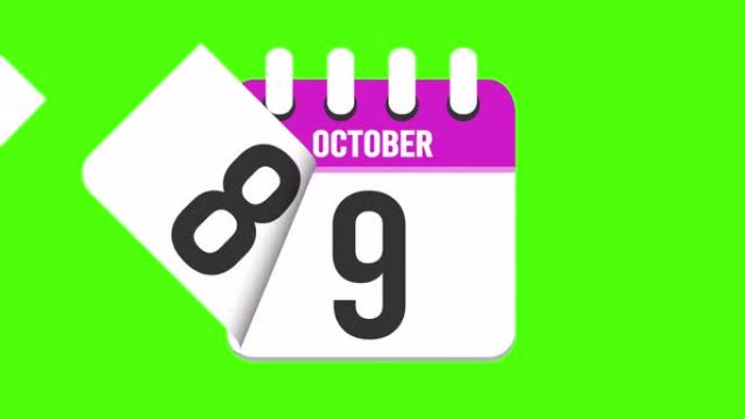 10月13日。日历出现，页面下降到10月13日。绿色背景，色度键 (4k循环)