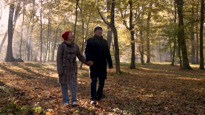 快乐的老夫妻走在落叶上